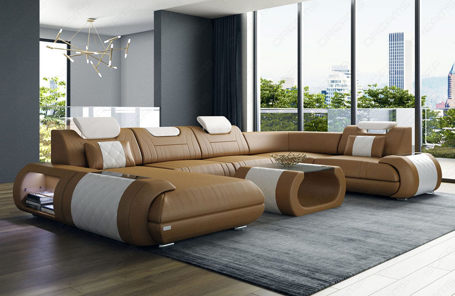 Leder Wohnlandschaft Rimini – Modern und Komfortabel sandbeige-weiß