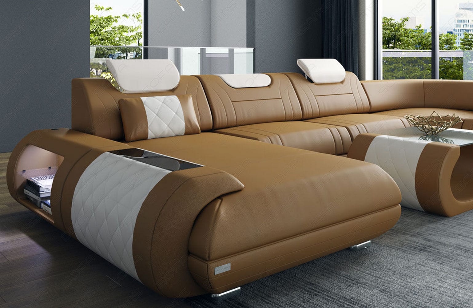 Leder Wohnlandschaft Rimini – Modern und Komfortabel sandbeige-weiß