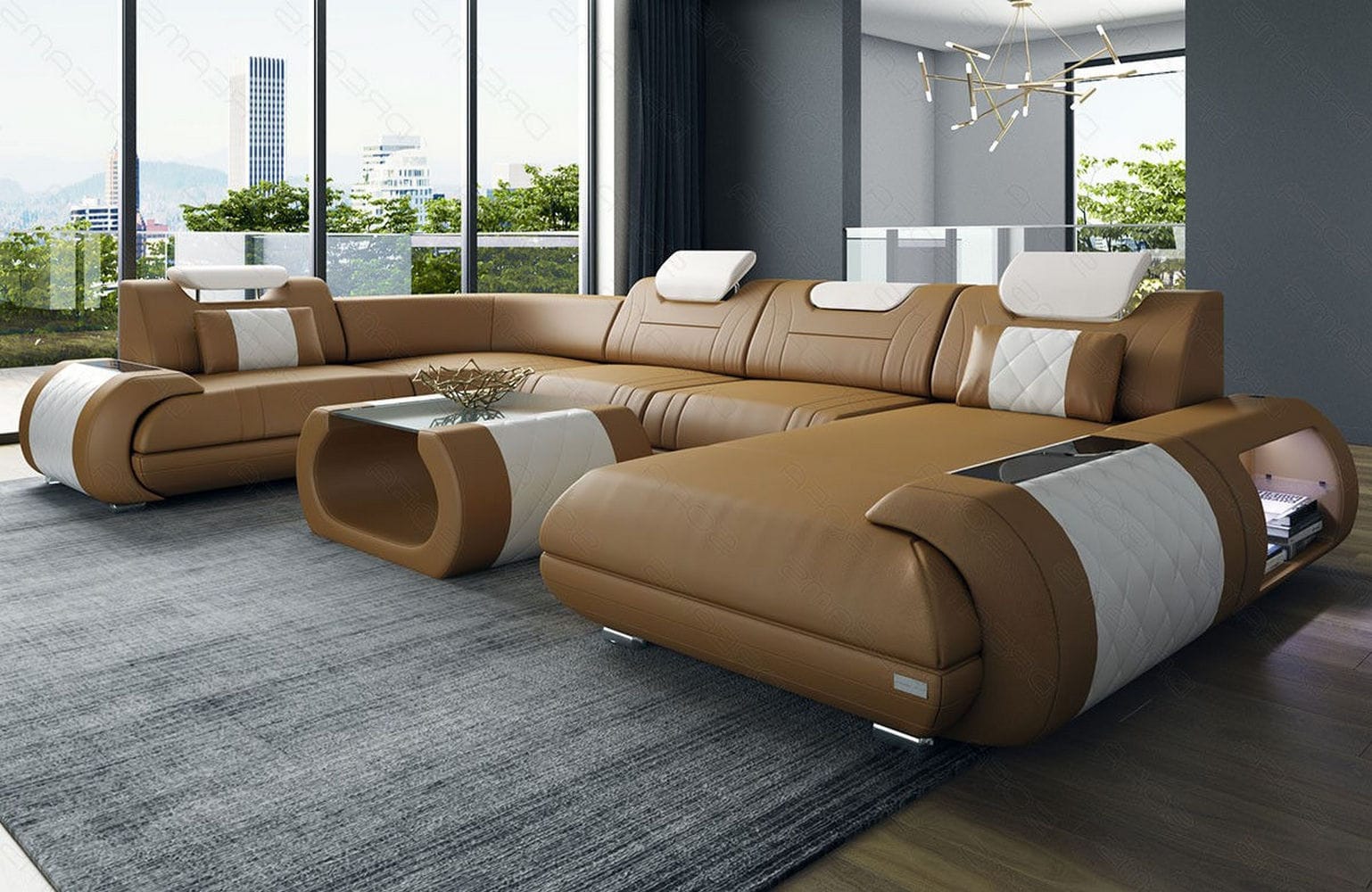Leder Wohnlandschaft Rimini – Modern und Komfortabel sandbeige-weiß