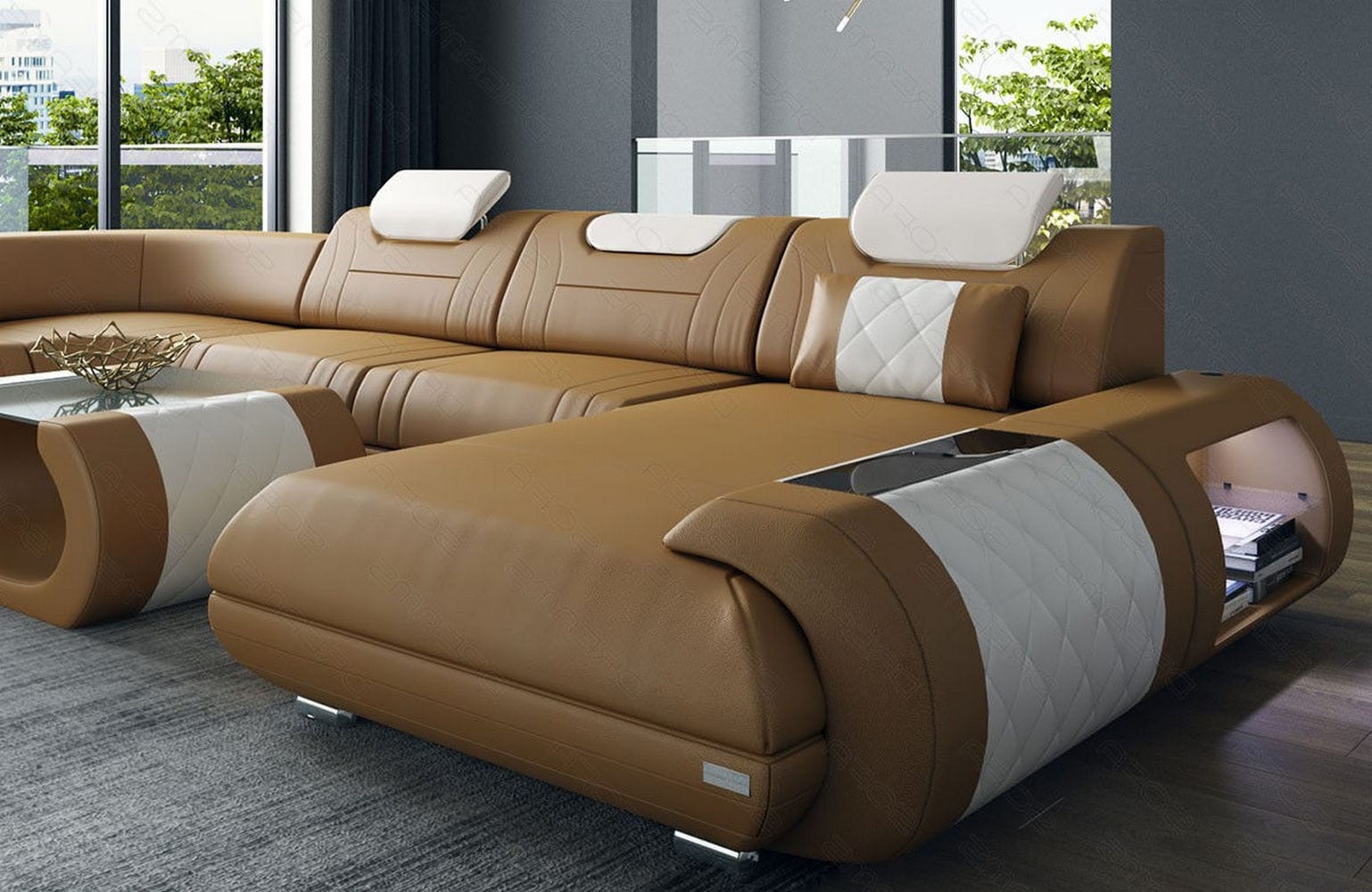 Leder Wohnlandschaft Rimini – Modern und Komfortabel sandbeige-weiß