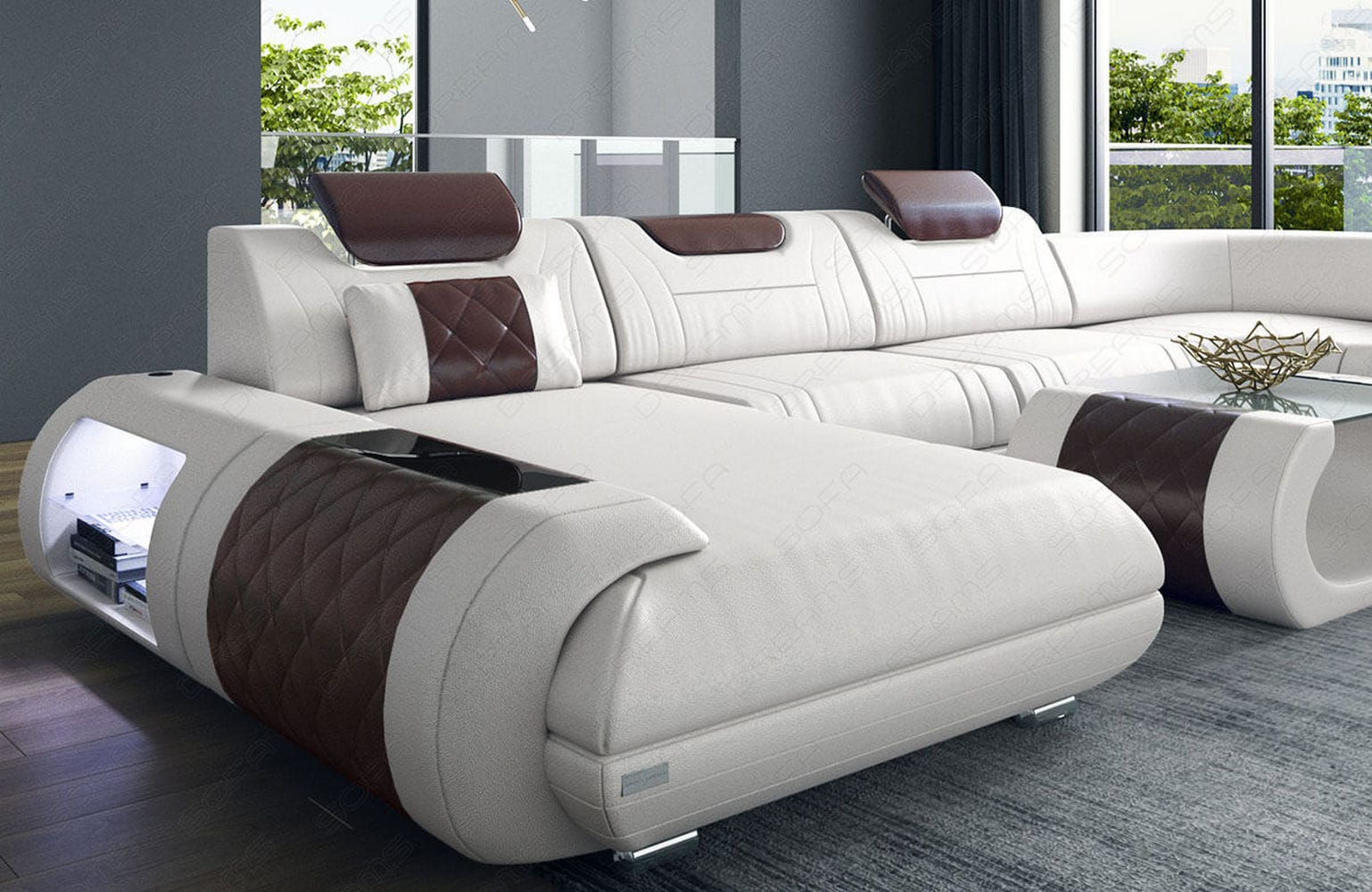 Leder Wohnlandschaft Rimini – Modern und Komfortabel weiß-dunkelbraun