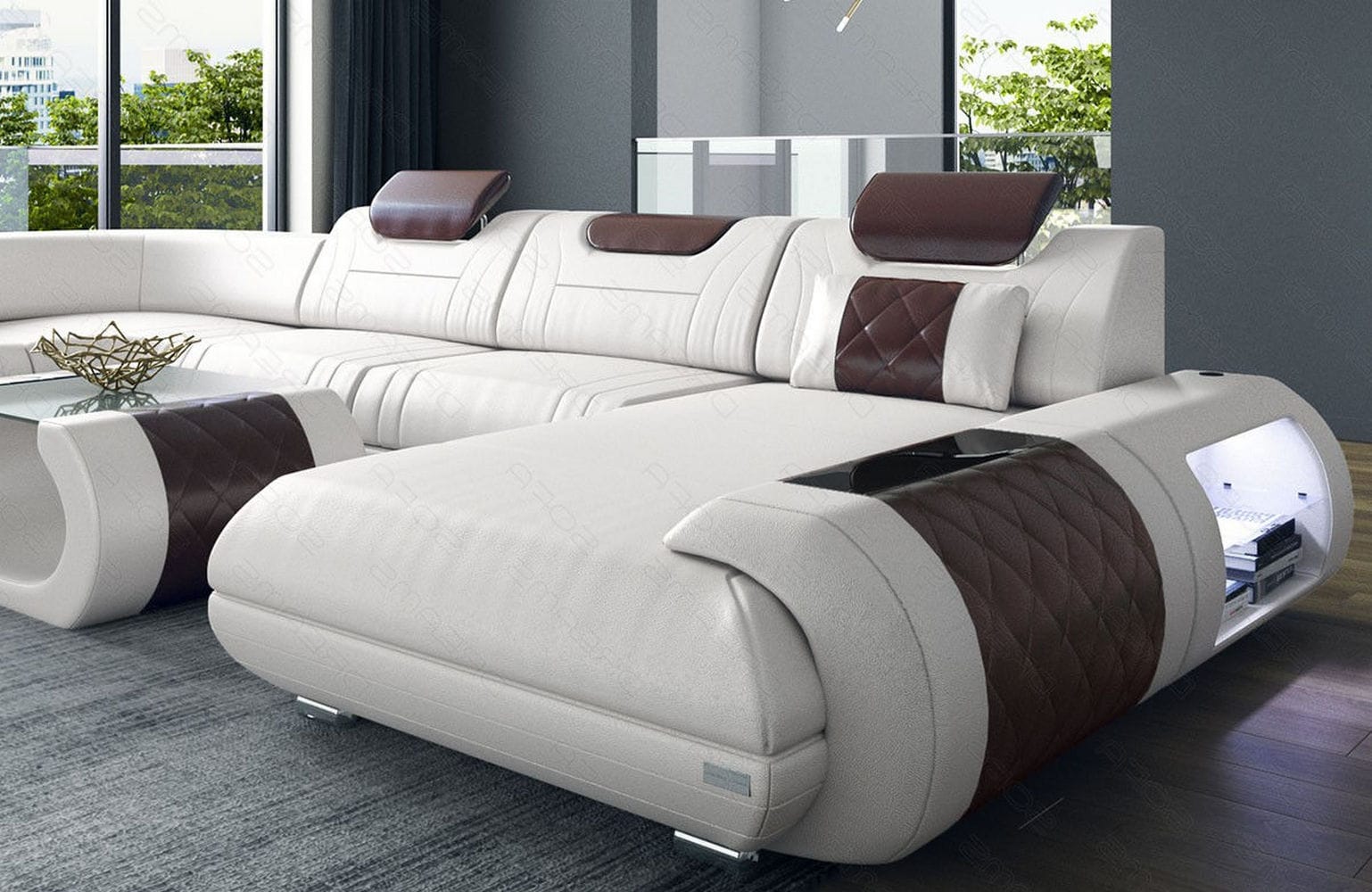 Leder Wohnlandschaft Rimini – Modern und Komfortabel weiß-dunkelbraun