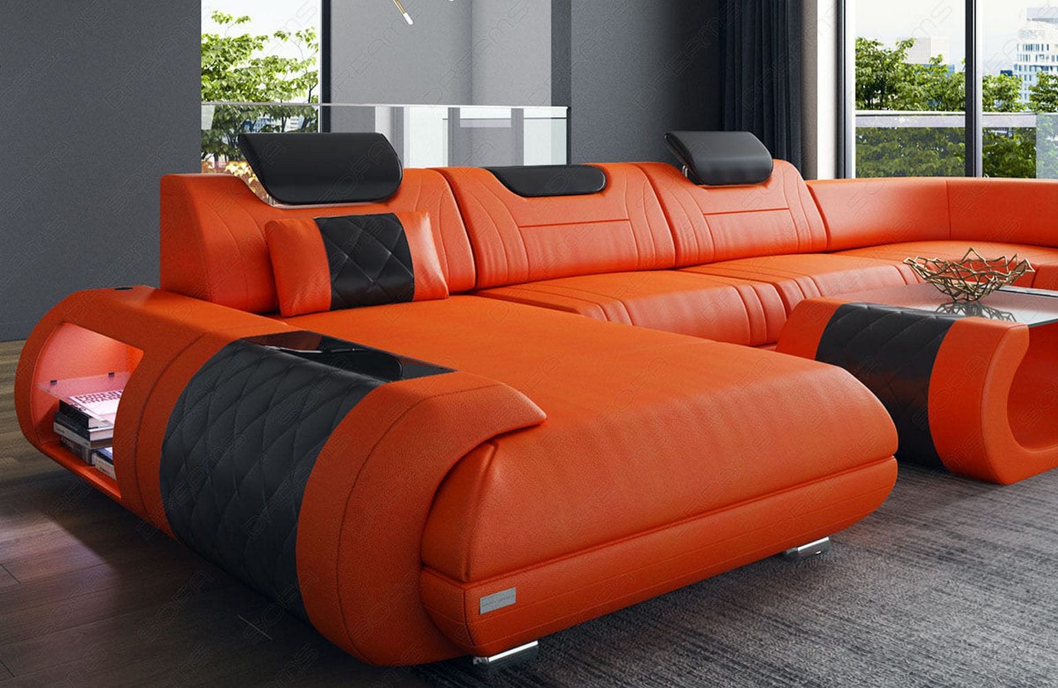 Leder Wohnlandschaft Rimini – Modern und Komfortabel orange-schwarz