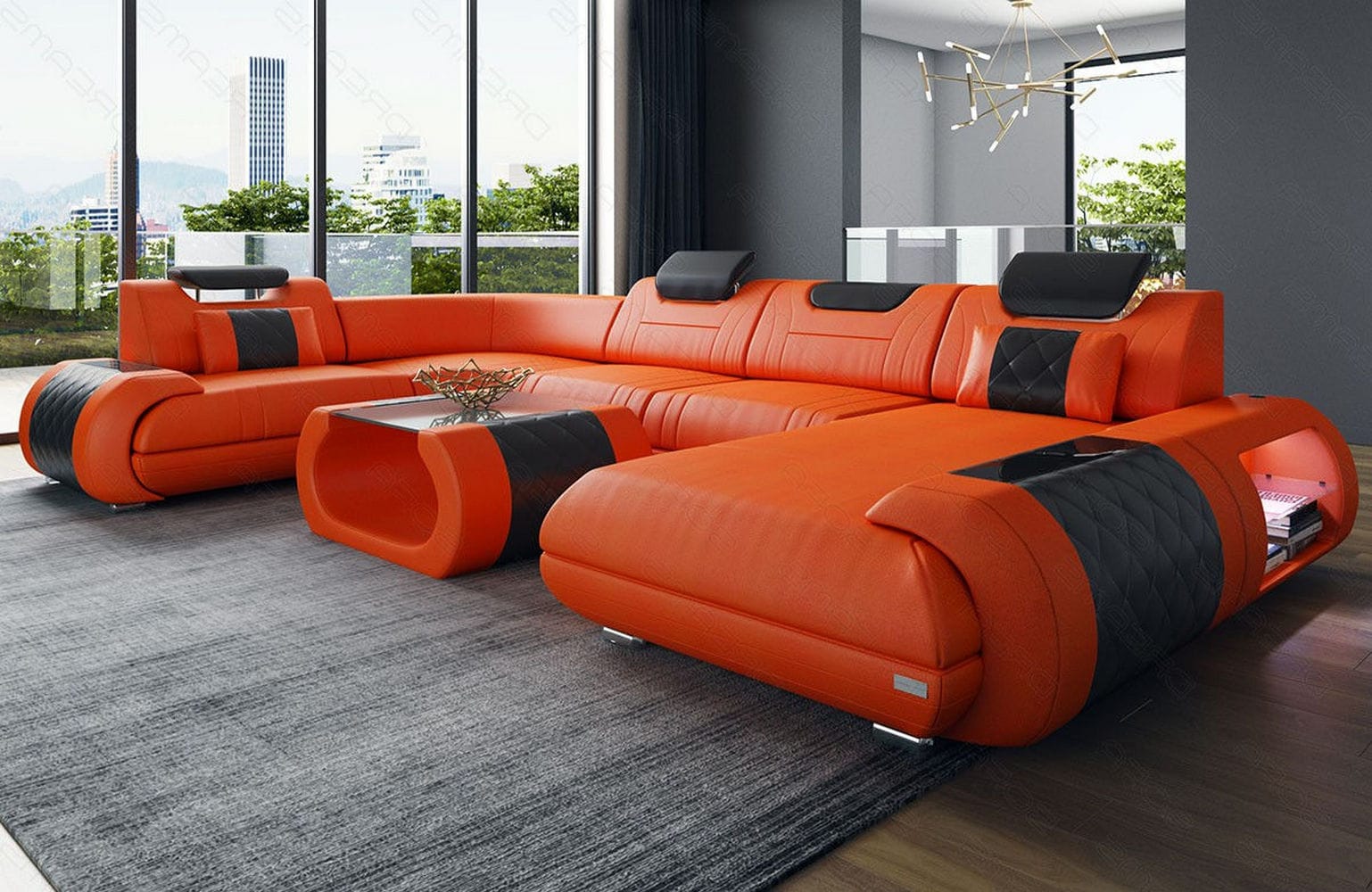 Leder Wohnlandschaft Rimini – Modern und Komfortabel orange-schwarz