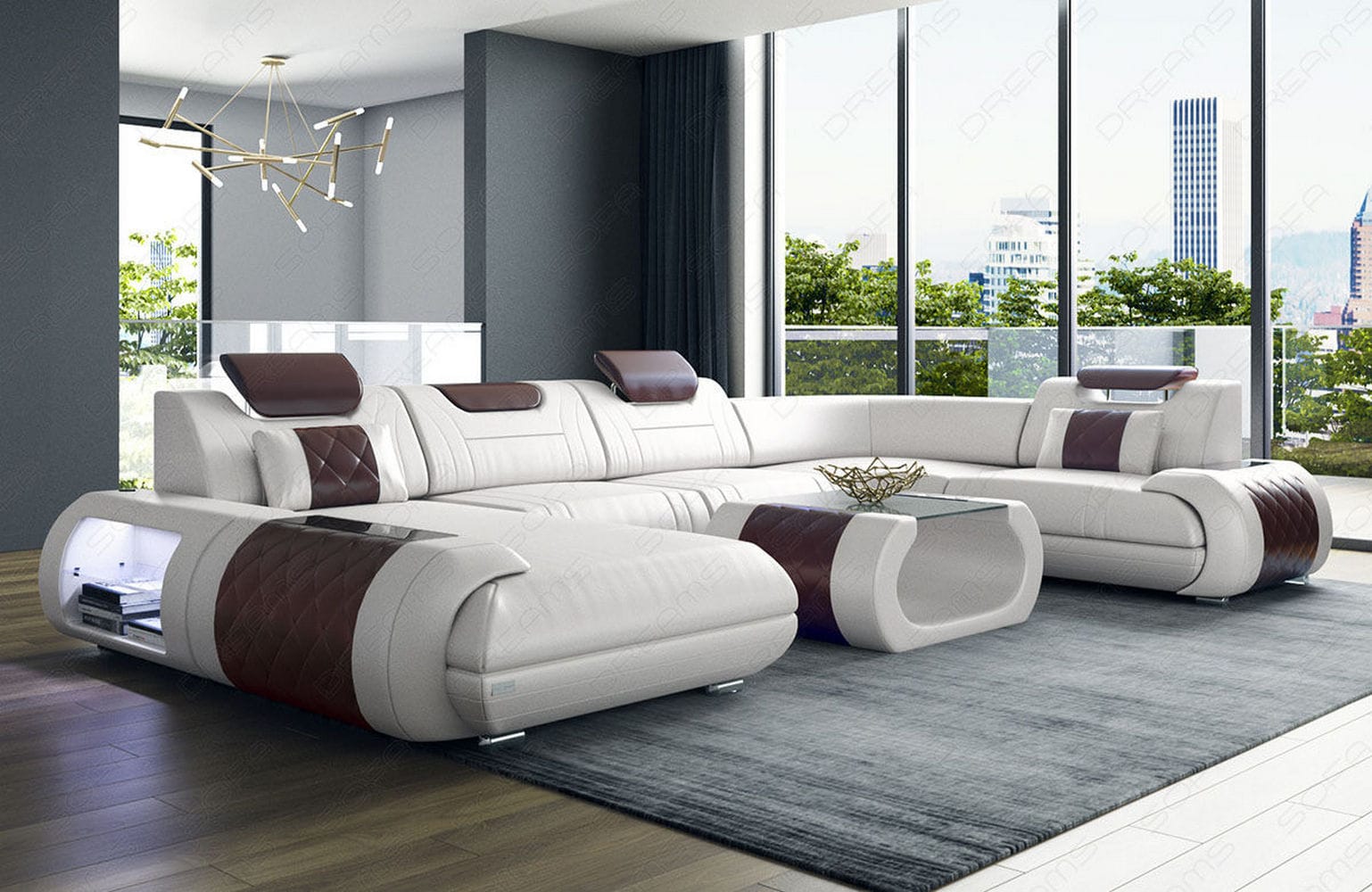 Leder Wohnlandschaft Rimini – Modern und Komfortabel weiß-dunkelbraun