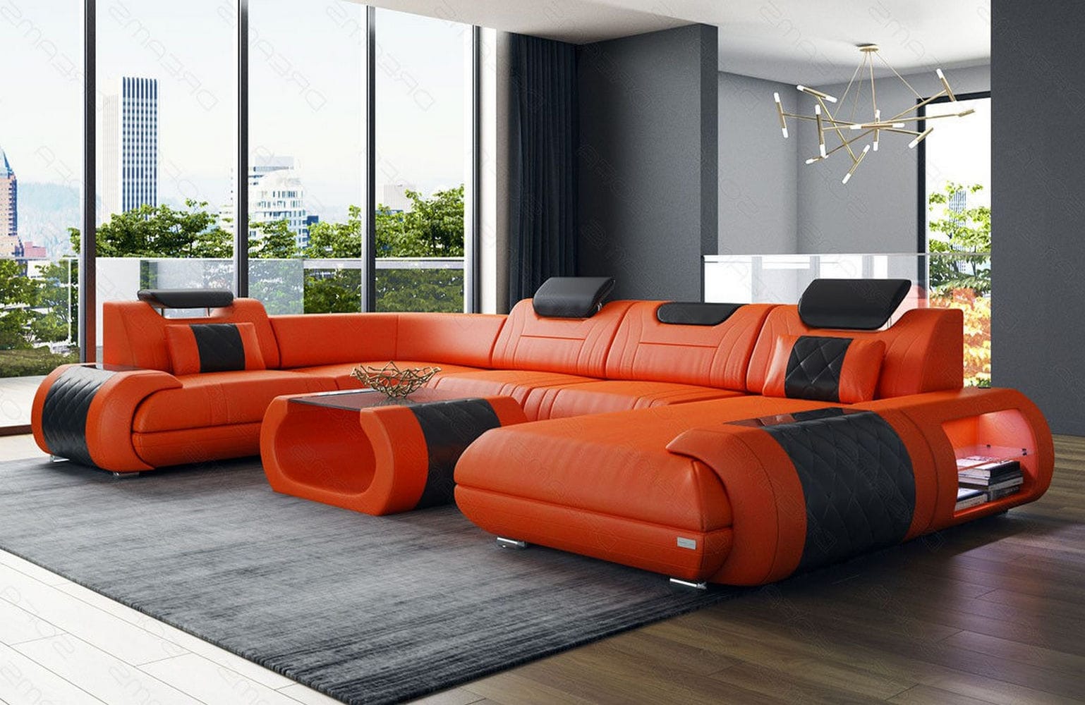 Leder Wohnlandschaft Rimini – Modern und Komfortabel orange-schwarz