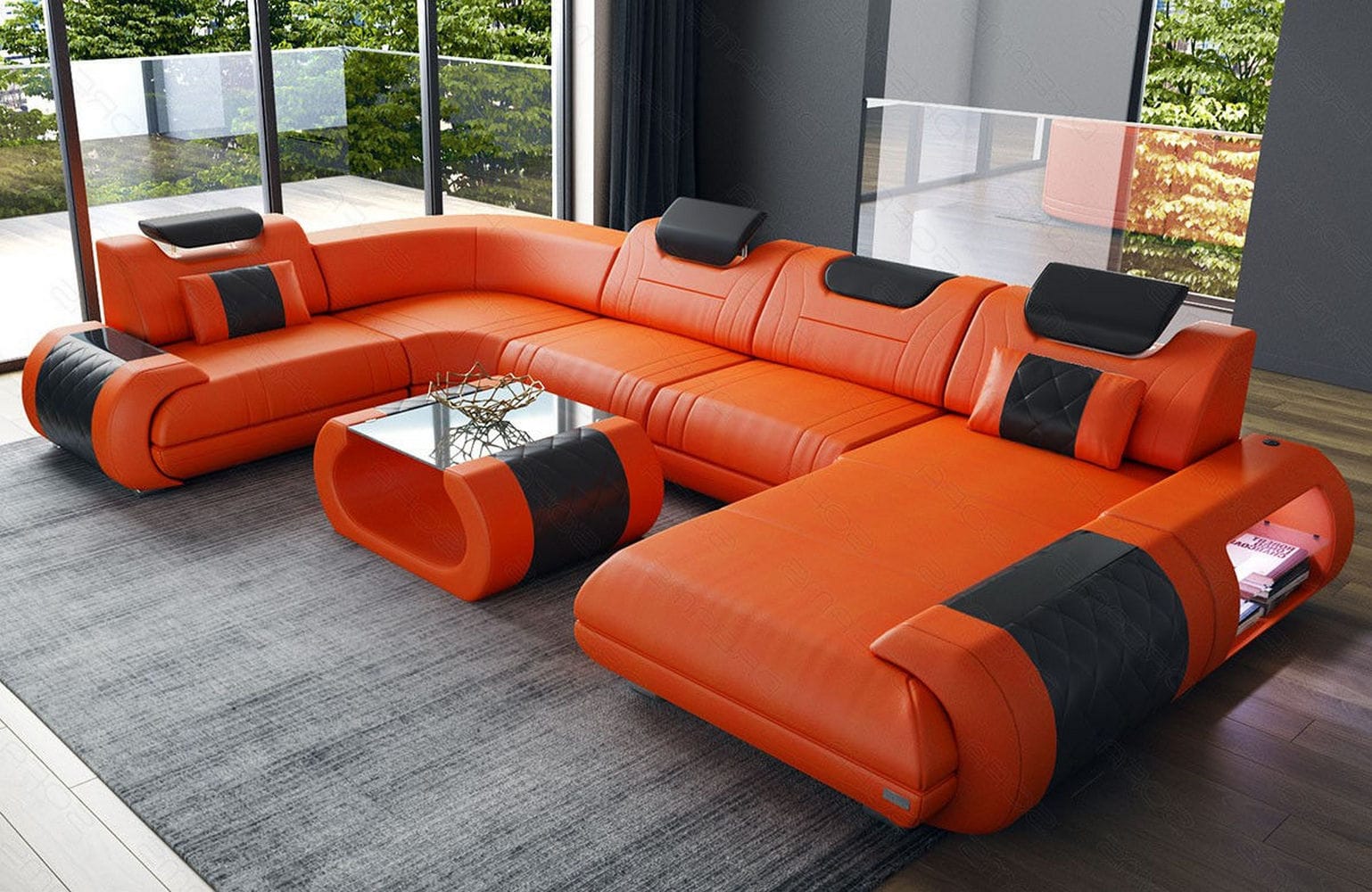 Leder Wohnlandschaft Rimini – Modern und Komfortabel orange-schwarz