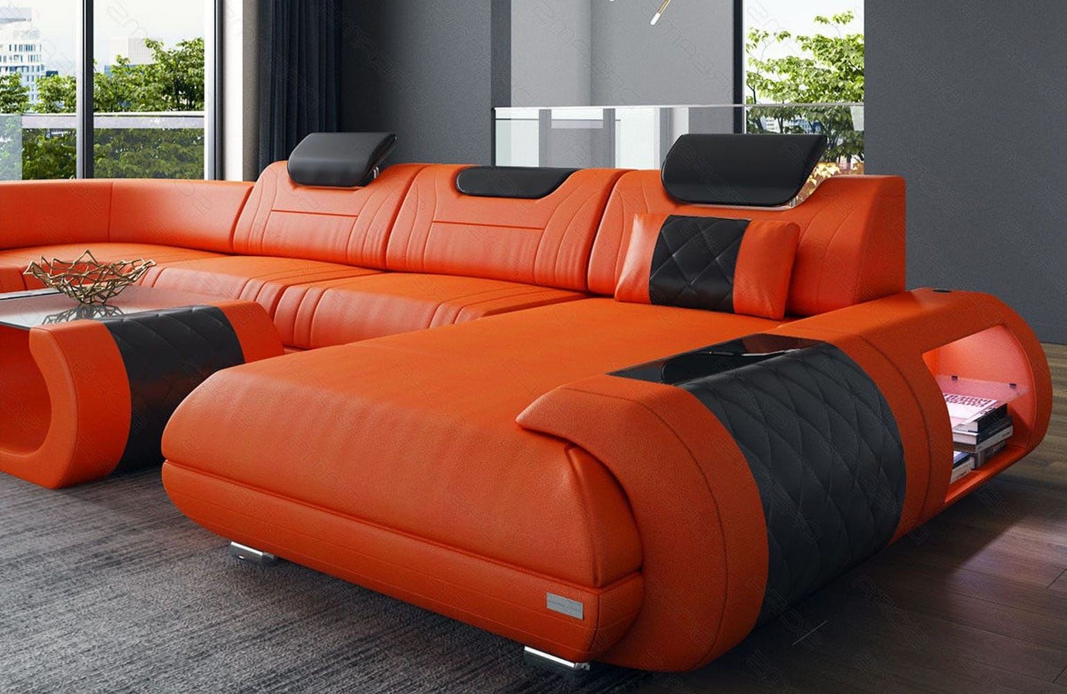 Leder Wohnlandschaft Rimini – Modern und Komfortabel orange-schwarz