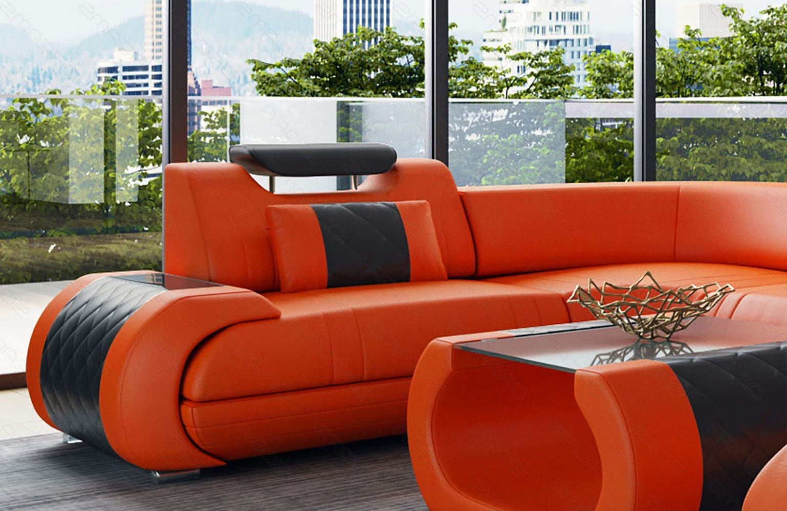 Leder Wohnlandschaft Rimini – Modern und Komfortabel orange-schwarz