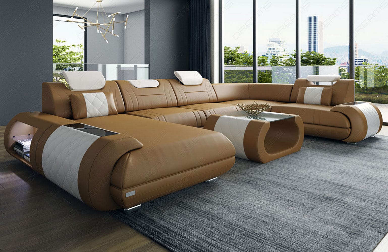 Leder Wohnlandschaft Rimini – Modern und Komfortabel sandbeige-weiß
