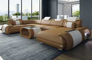 Leder Couch Rimini U-Form sandbeige-weiß