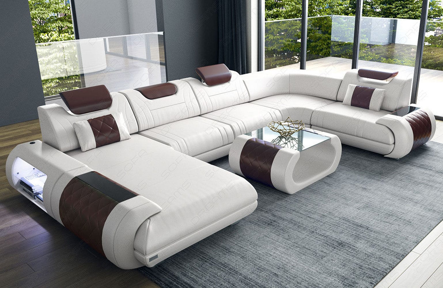 Leder Wohnlandschaft Rimini – Modern und Komfortabel weiß-dunkelbraun
