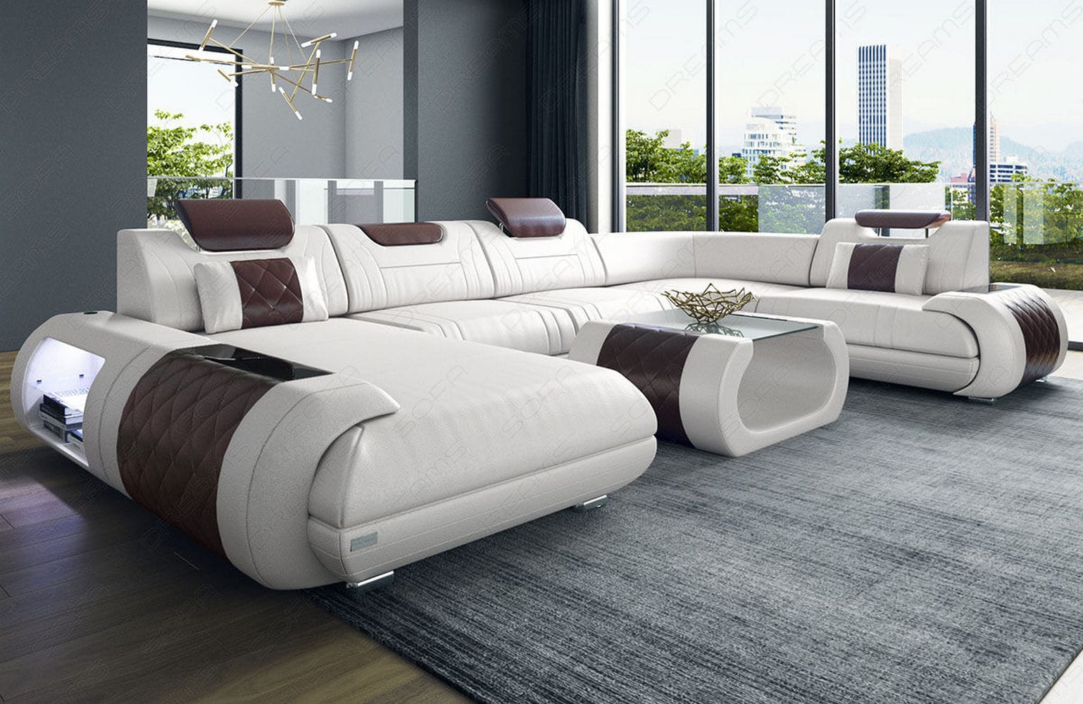 Leder Wohnlandschaft Rimini – Modern und Komfortabel weiß-dunkelbraun
