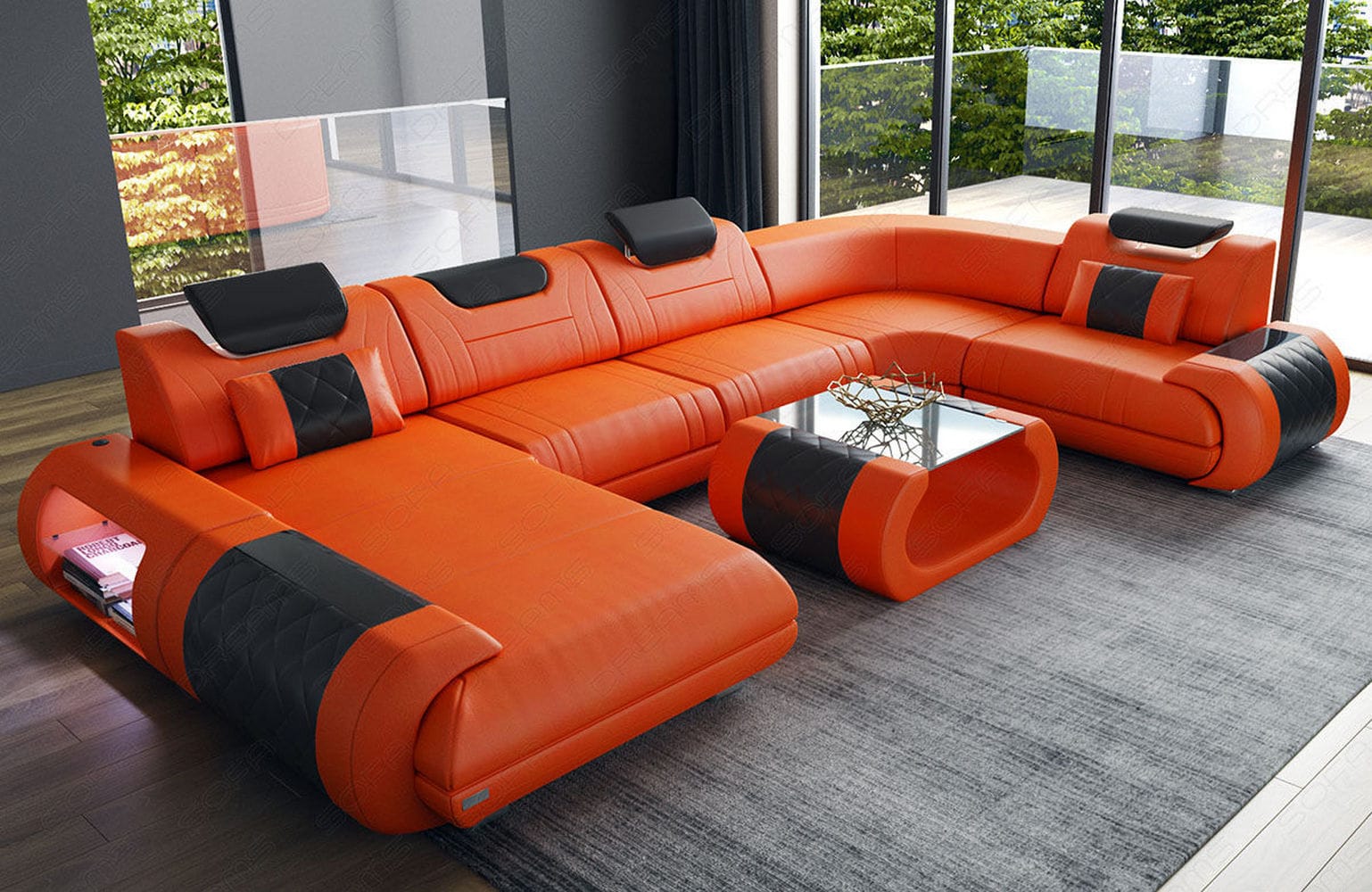 Leder Wohnlandschaft Rimini – Modern und Komfortabel orange-schwarz
