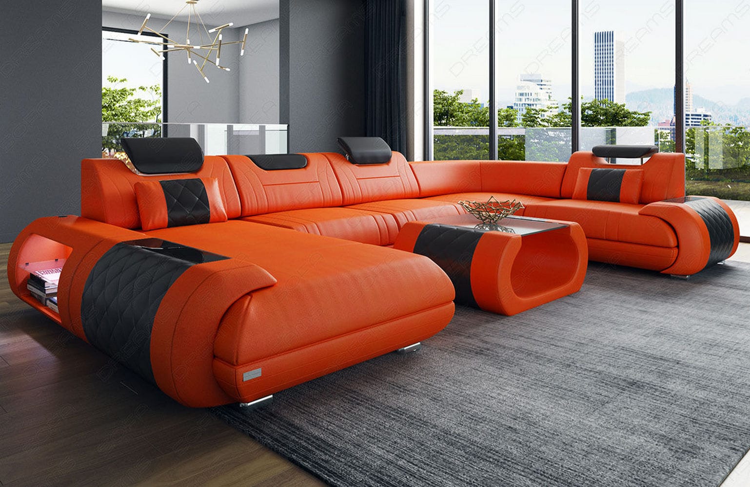 Leder Wohnlandschaft Rimini – Modern und Komfortabel orange-schwarz