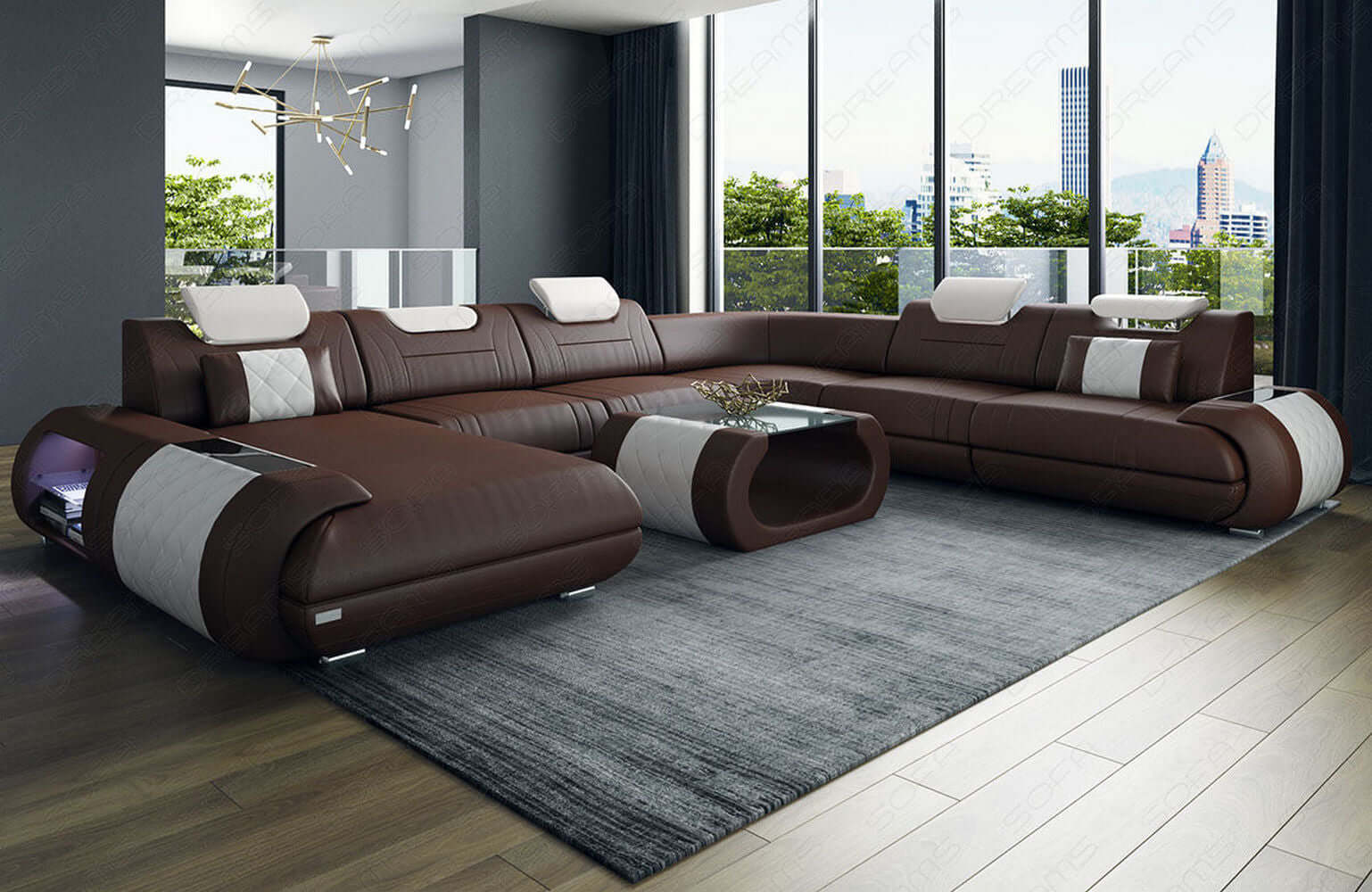 XXL Wohnlandschaft Rimini – Leder, Modern & Bequem dunkelbraun-weiß