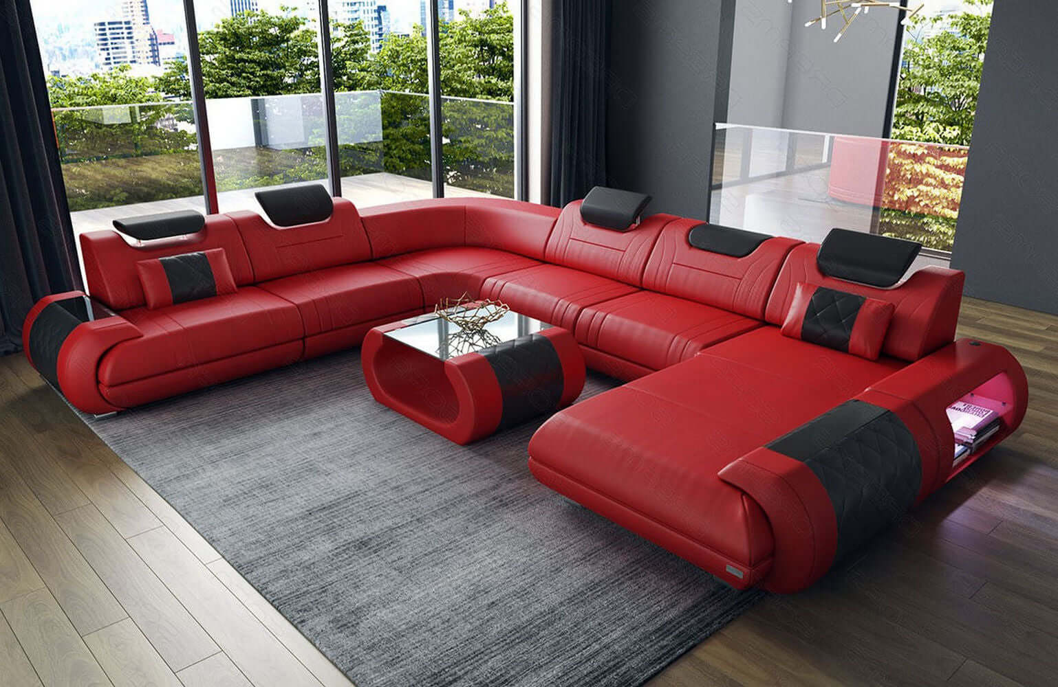 XXL Wohnlandschaft Rimini – Leder, Modern & Bequem rot-schwarz