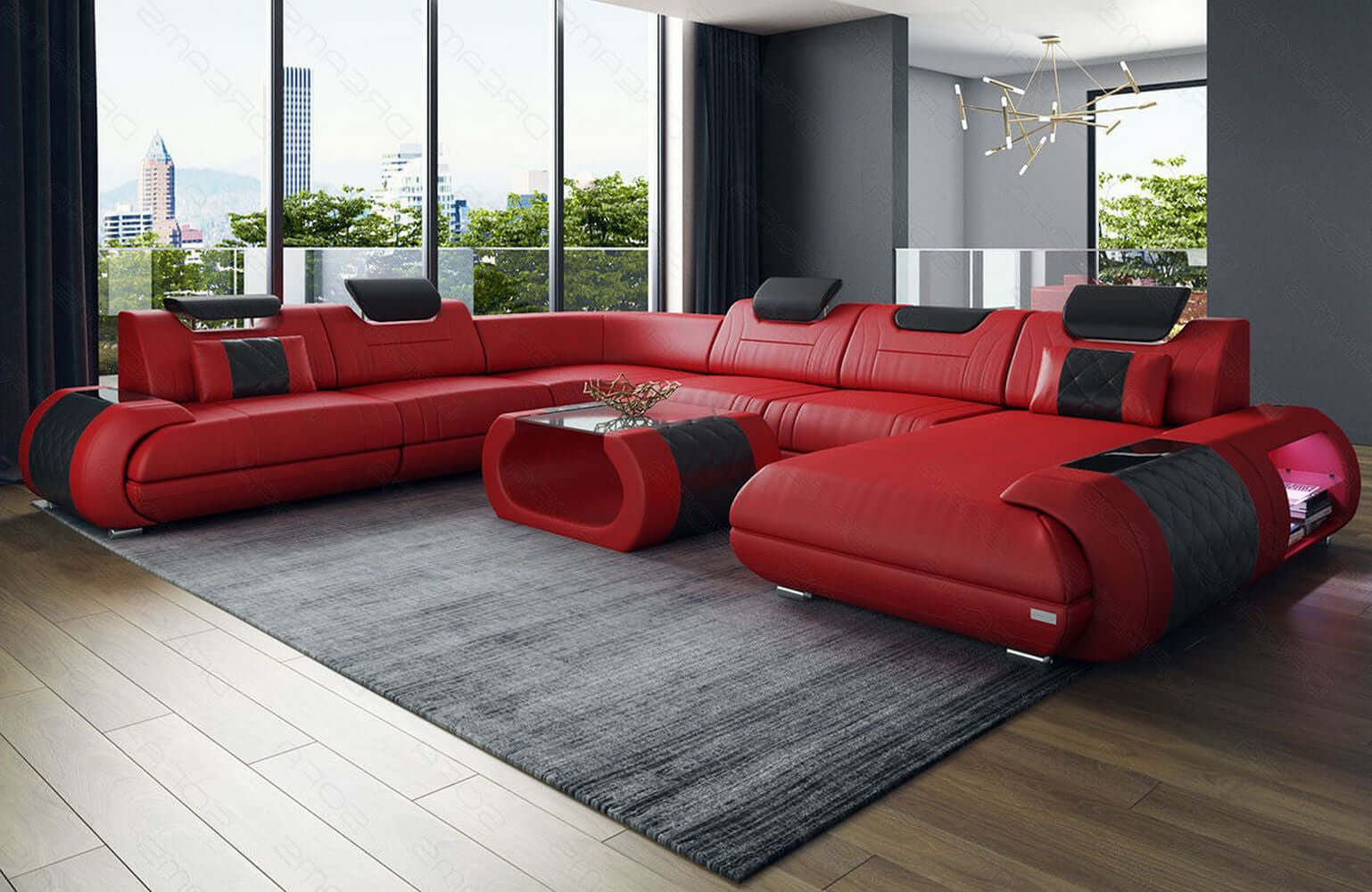 XXL Wohnlandschaft Rimini – Leder, Modern & Bequem rot-schwarz