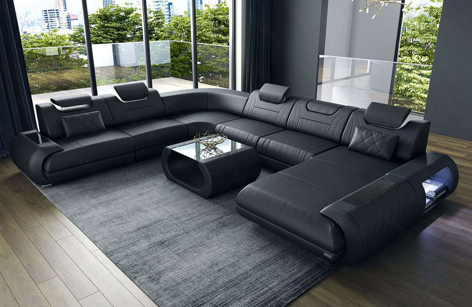 XXL Wohnlandschaft Rimini – Leder, Modern & Bequem schwarz