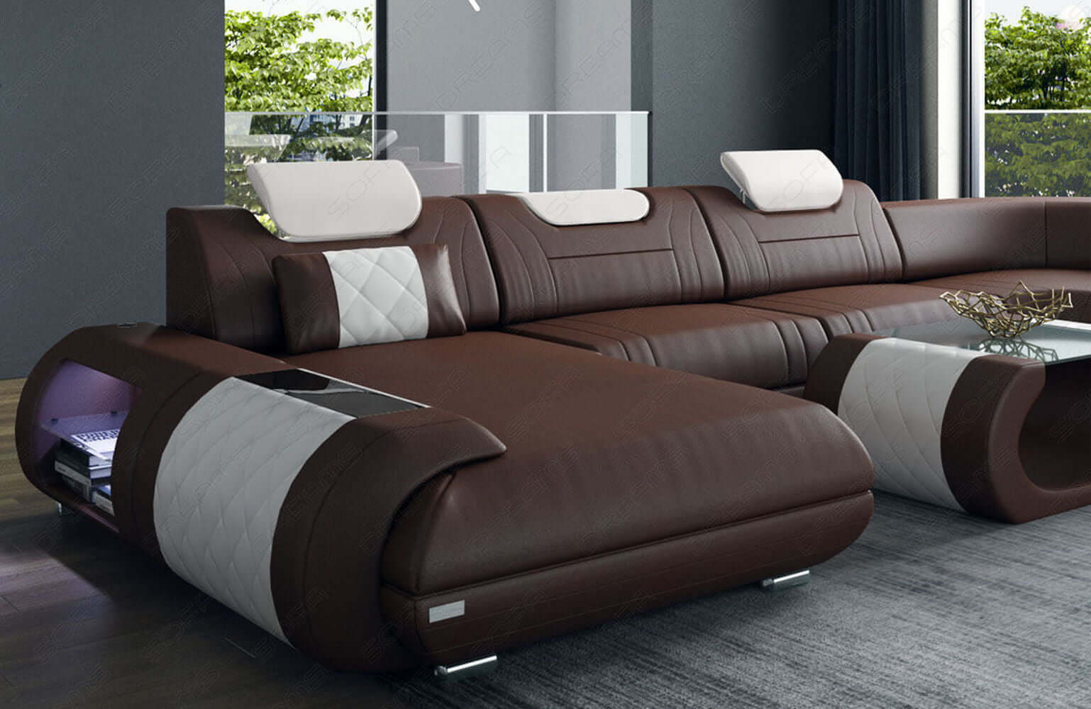 XXL Wohnlandschaft Rimini – Leder, Modern & Bequem dunkelbraun-weiß