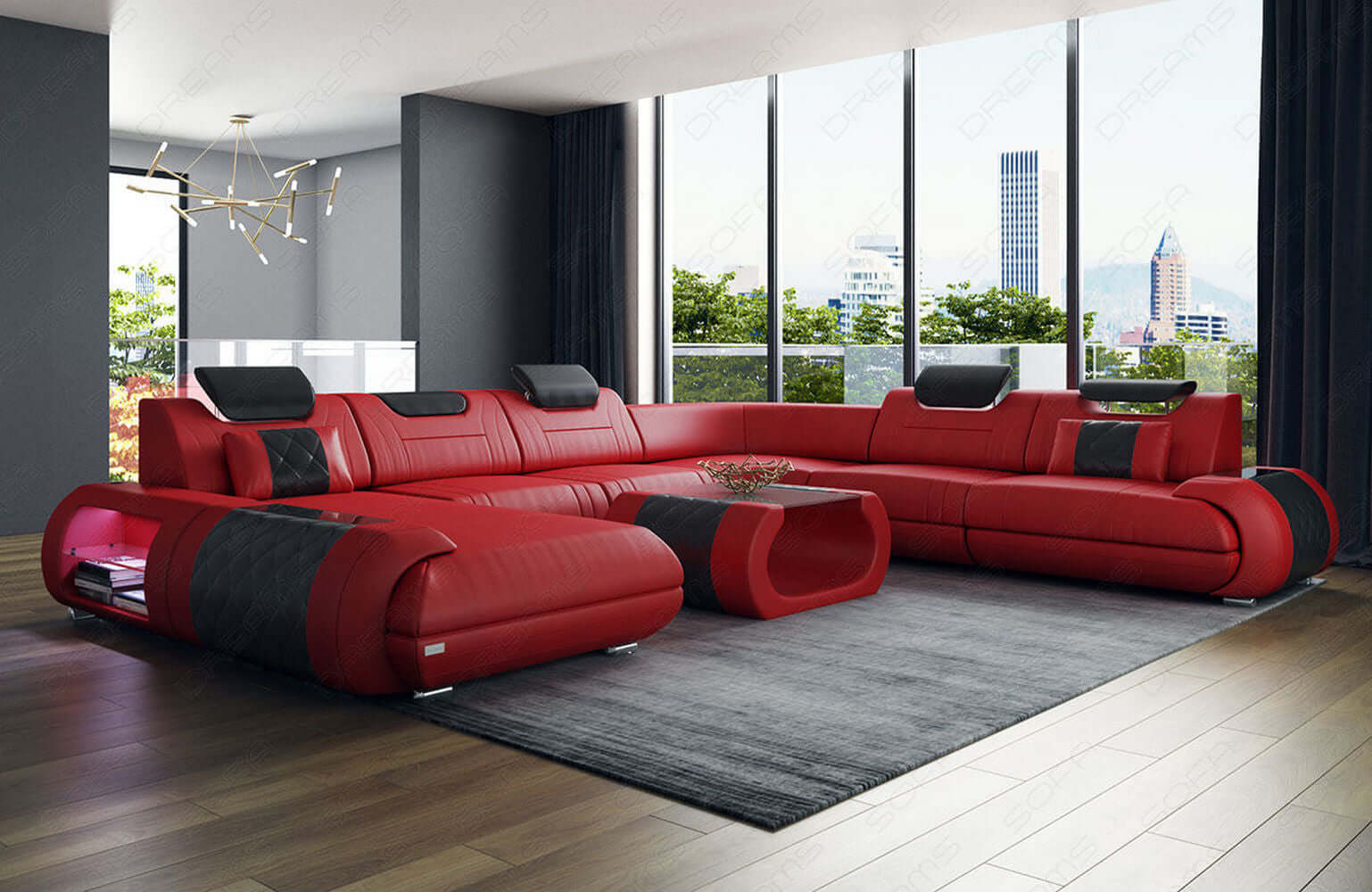 XXL Wohnlandschaft Rimini – Leder, Modern & Bequem rot-schwarz