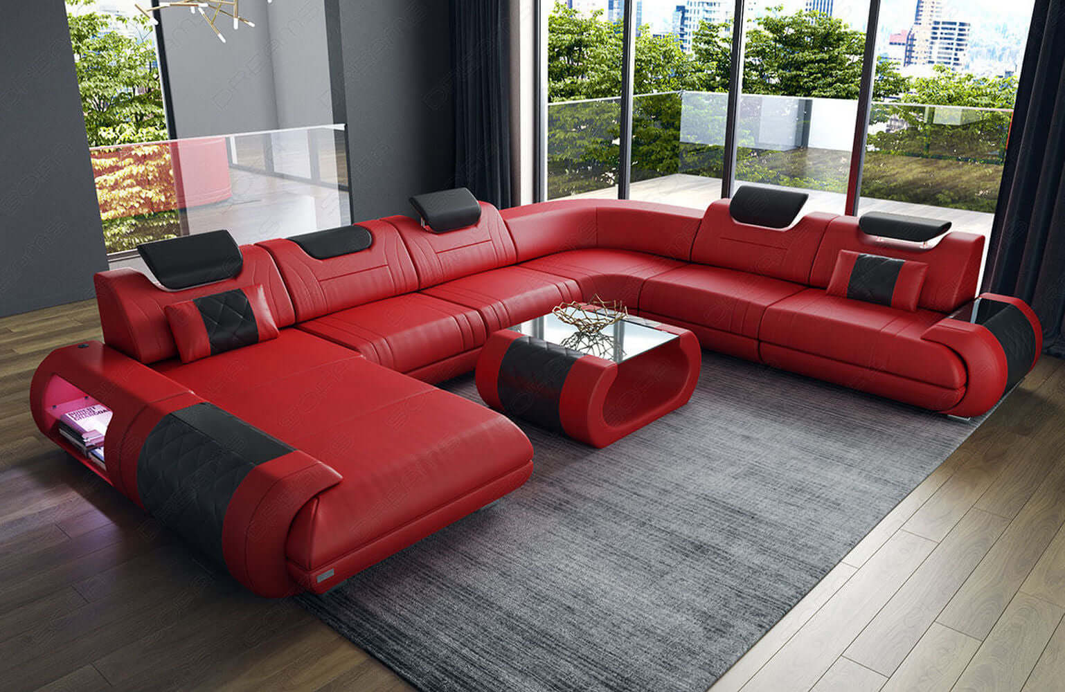 XXL Wohnlandschaft Rimini – Leder, Modern & Bequem rot-schwarz