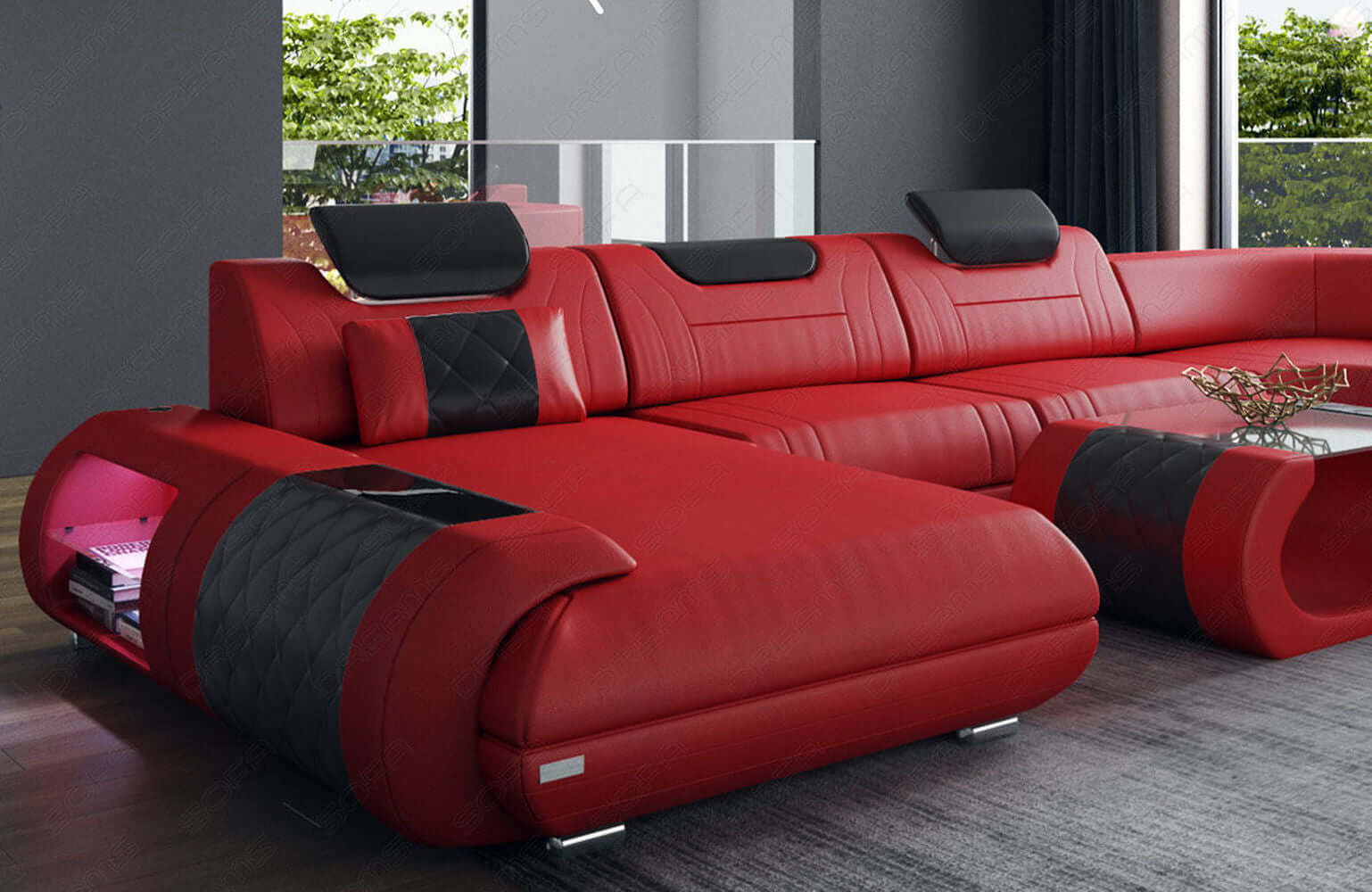 XXL Wohnlandschaft Rimini – Leder, Modern & Bequem rot-schwarz