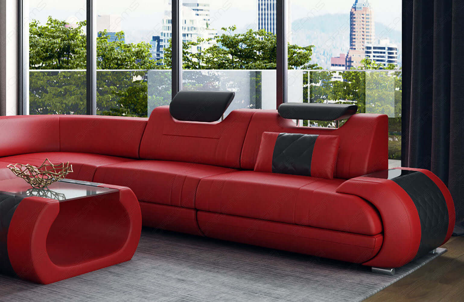 XXL Wohnlandschaft Rimini – Leder, Modern & Bequem rot-schwarz