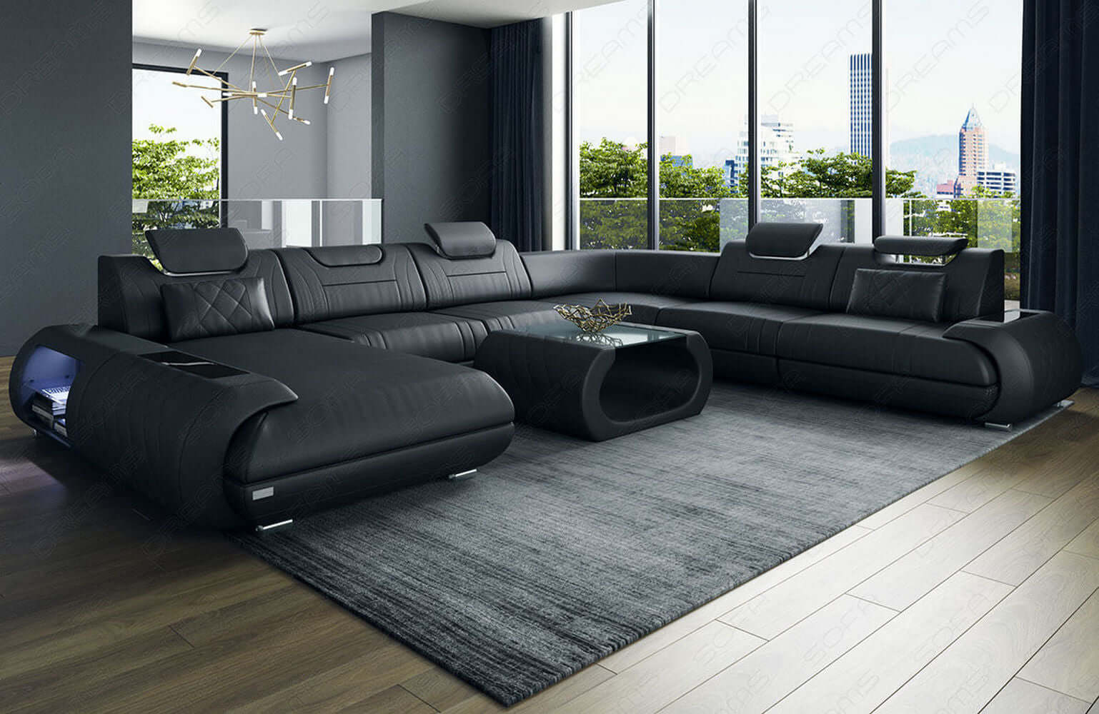 XXL Wohnlandschaft Rimini – Leder, Modern & Bequem schwarz