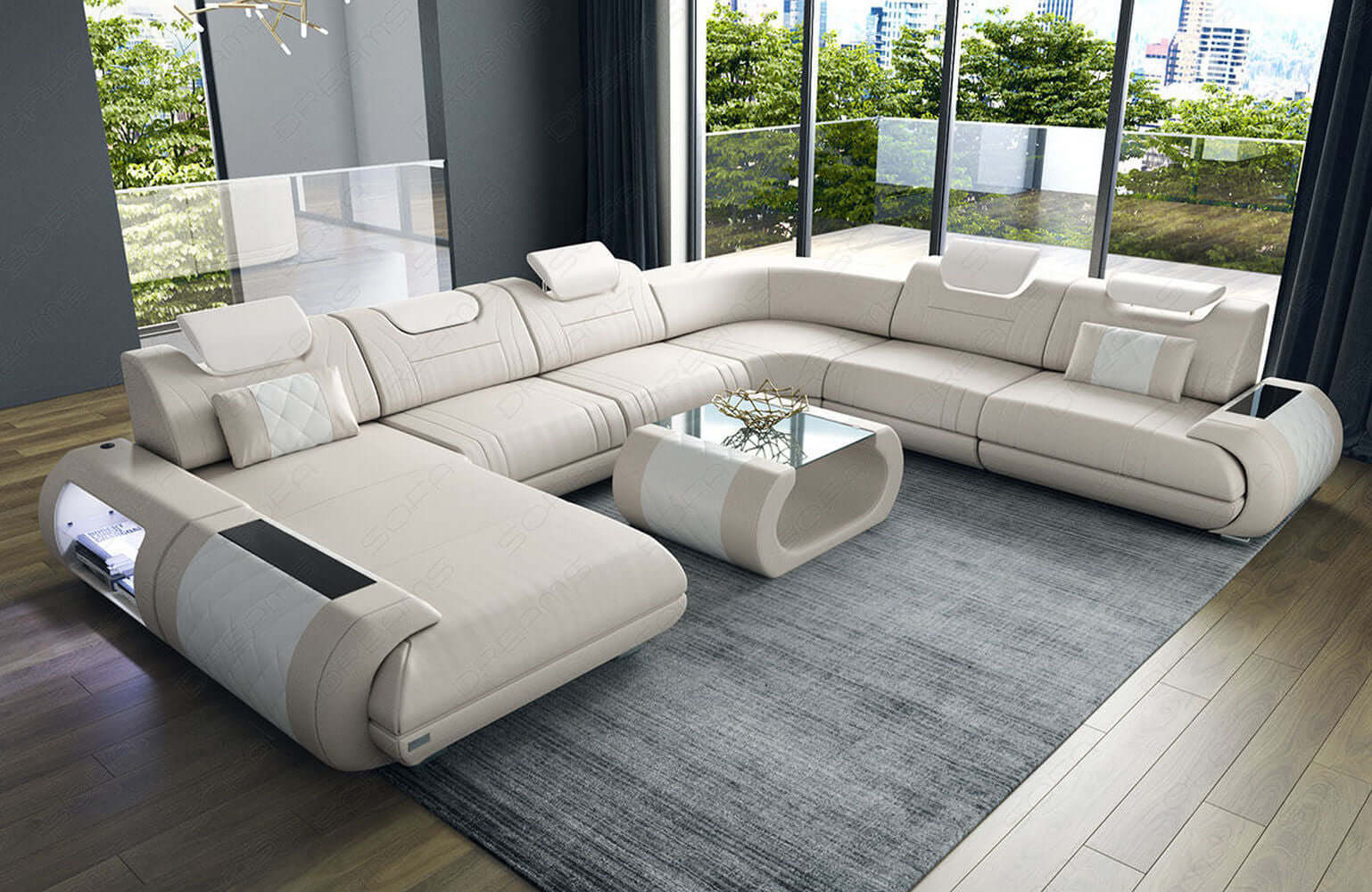 XXL Wohnlandschaft Rimini – Leder, Modern & Bequem beige-weiß