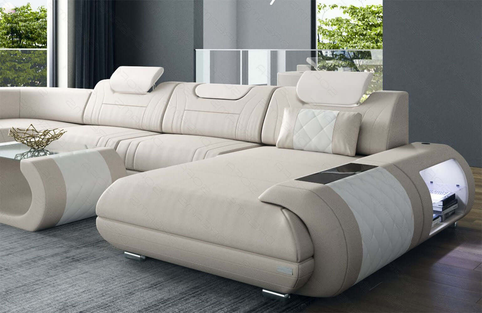 XXL Wohnlandschaft Rimini – Leder, Modern & Bequem beige-weiß