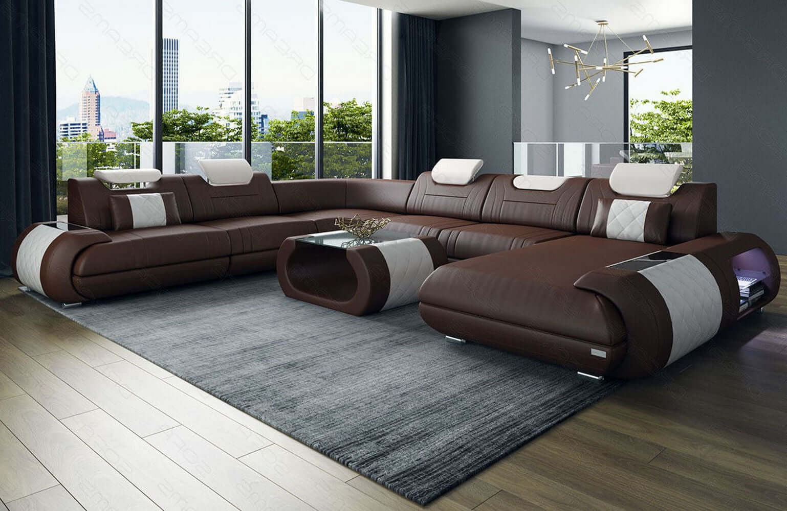 XXL Wohnlandschaft Rimini – Leder, Modern & Bequem dunkelbraun-weiß
