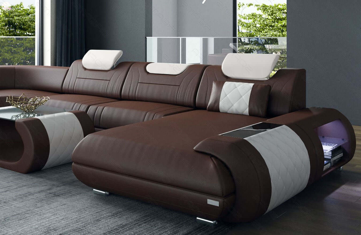 XXL Wohnlandschaft Rimini – Leder, Modern & Bequem dunkelbraun-weiß