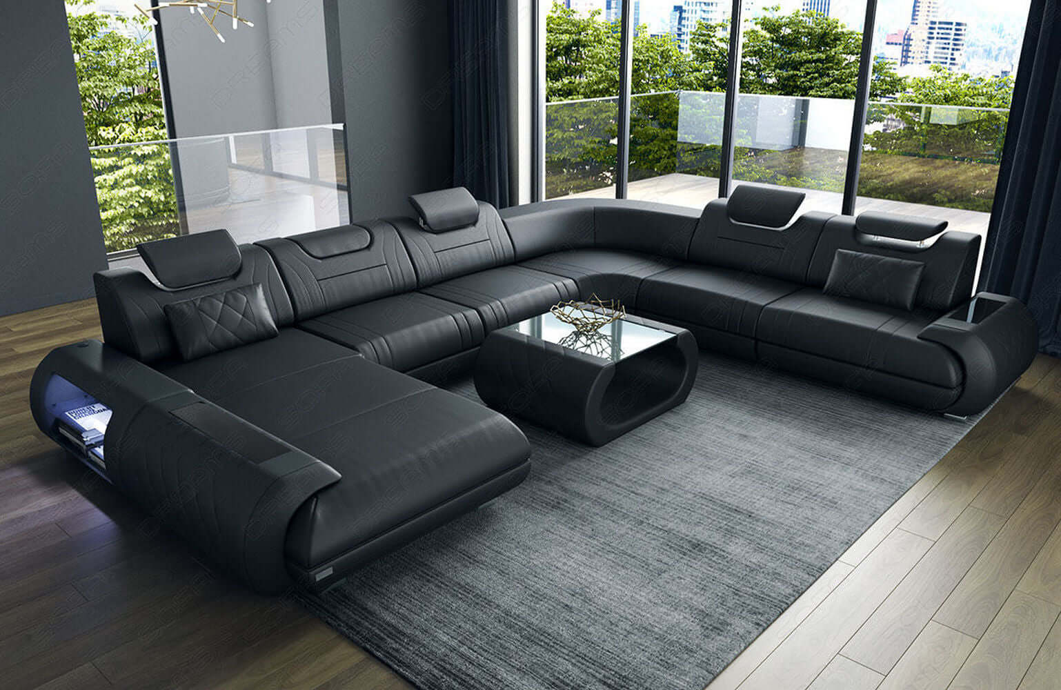 XXL Wohnlandschaft Rimini – Leder, Modern & Bequem schwarz