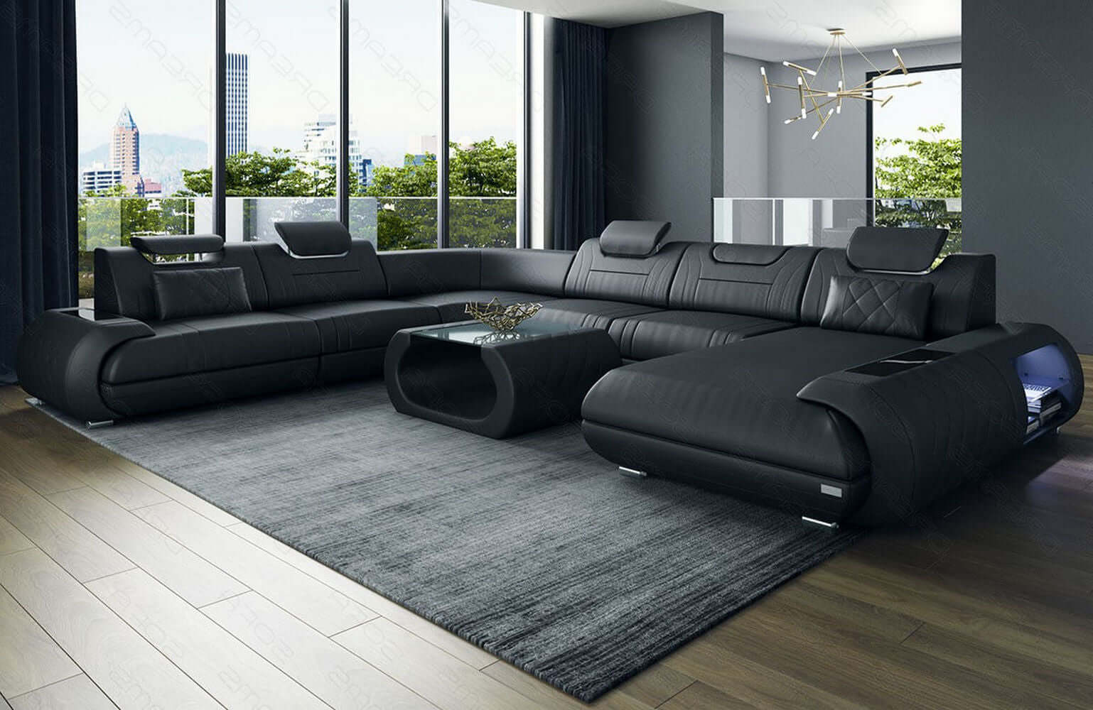XXL Wohnlandschaft Rimini – Leder, Modern & Bequem schwarz