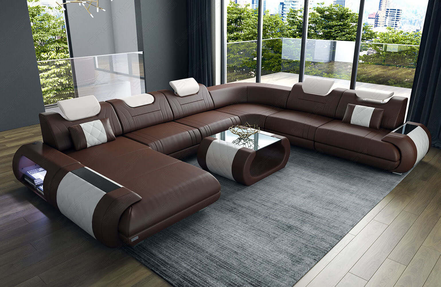 XXL Wohnlandschaft Rimini – Leder, Modern & Bequem dunkelbraun-weiß