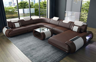 XXL Wohnlandschaft Rimini U-Form aus Leder dunkelbraun-weiß
