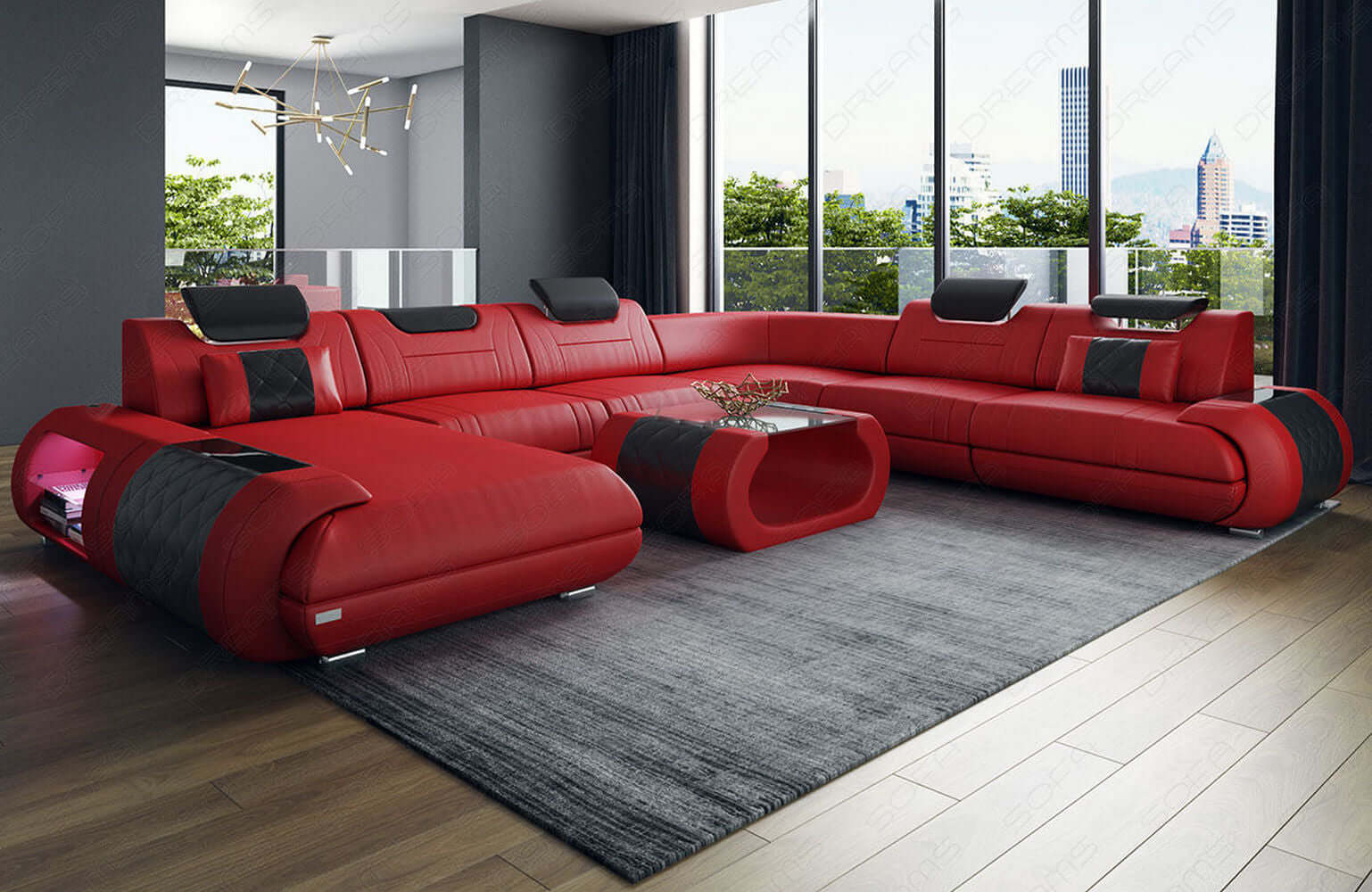 XXL Wohnlandschaft Rimini – Leder, Modern & Bequem rot-schwarz