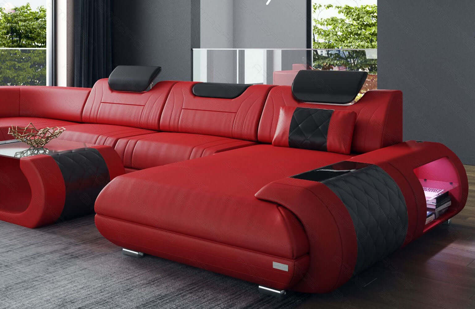 XXL Wohnlandschaft Rimini – Leder, Modern & Bequem rot-schwarz