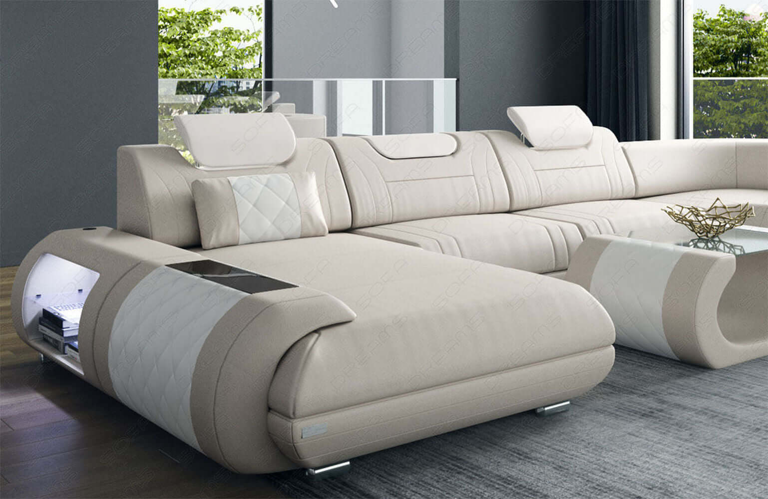 XXL Wohnlandschaft Rimini – Leder, Modern & Bequem beige-weiß