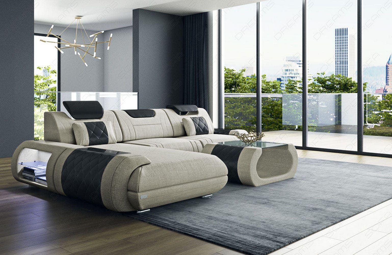 Stoffsofa Rimini L-Form – Modern und Bequem Elfenbein-Schwarz