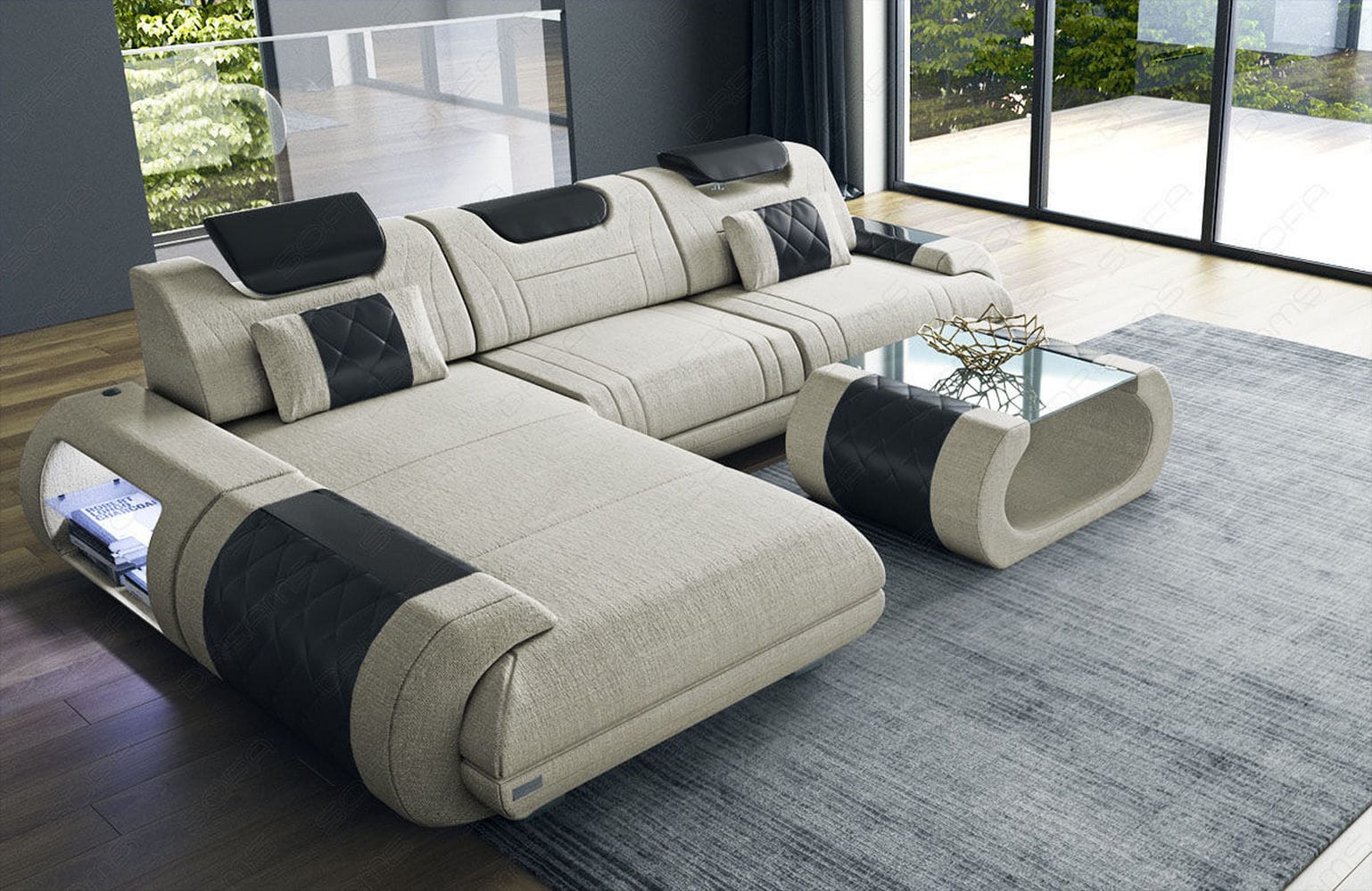 Stoffsofa Rimini L-Form – Modern und Bequem Elfenbein-Schwarz