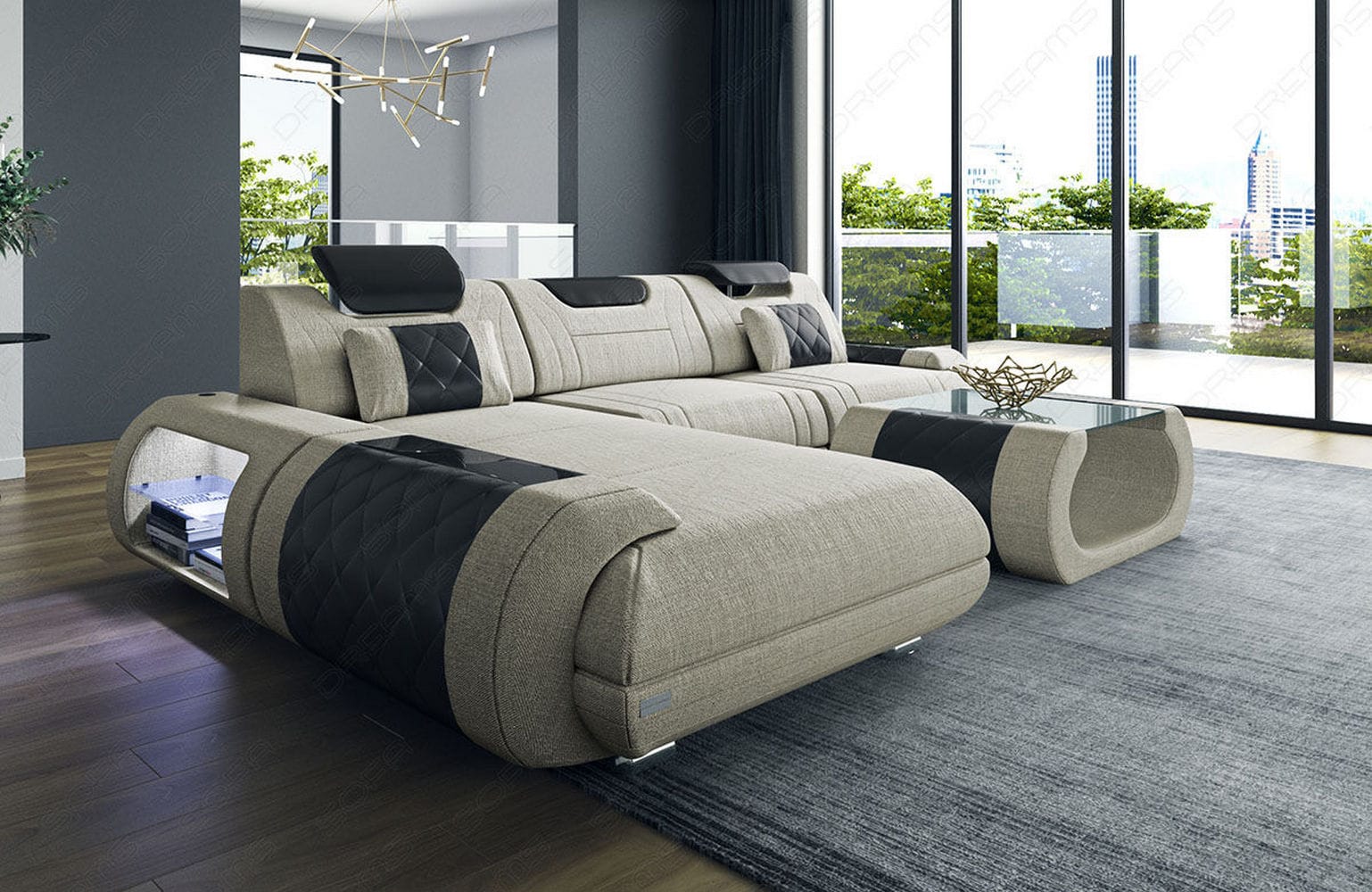 Stoffsofa Rimini L-Form – Modern und Bequem Elfenbein-Schwarz