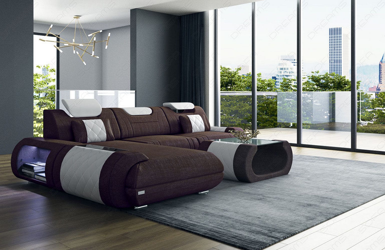 Stoffsofa Rimini L-Form – Modern und Bequem Graubraun-Weiß
