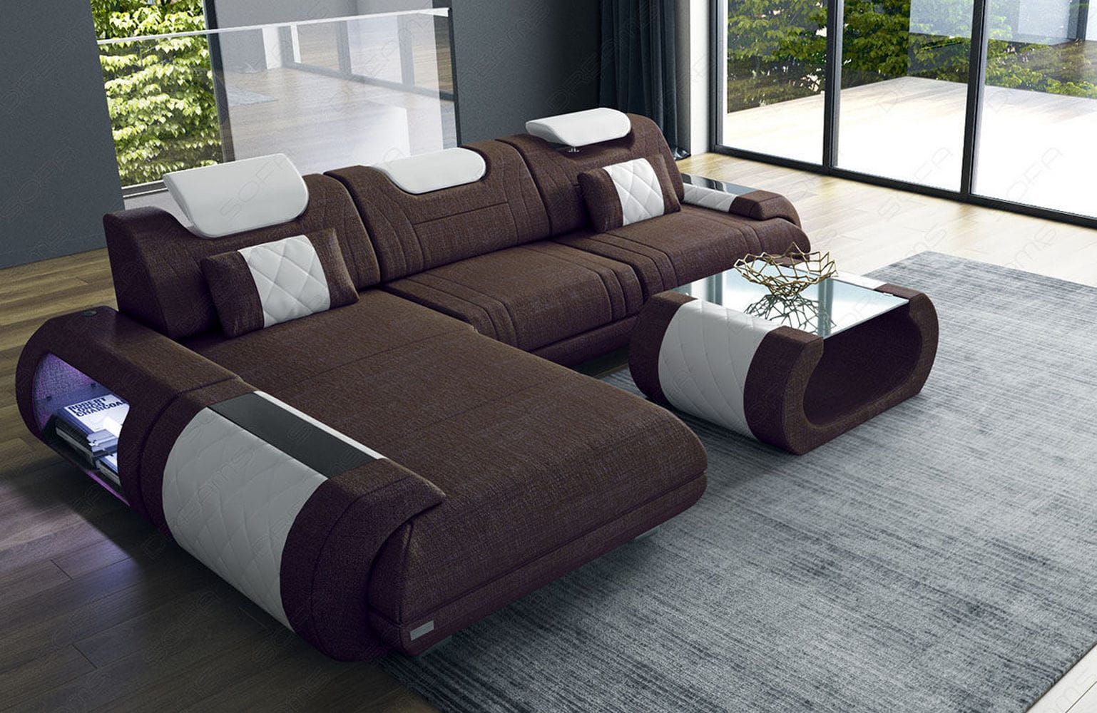 Stoffsofa Rimini L-Form – Modern und Bequem Graubraun-Weiß
