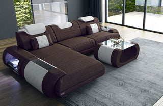 Couch Rimini L-Form in Stoff Graubraun-Weiß