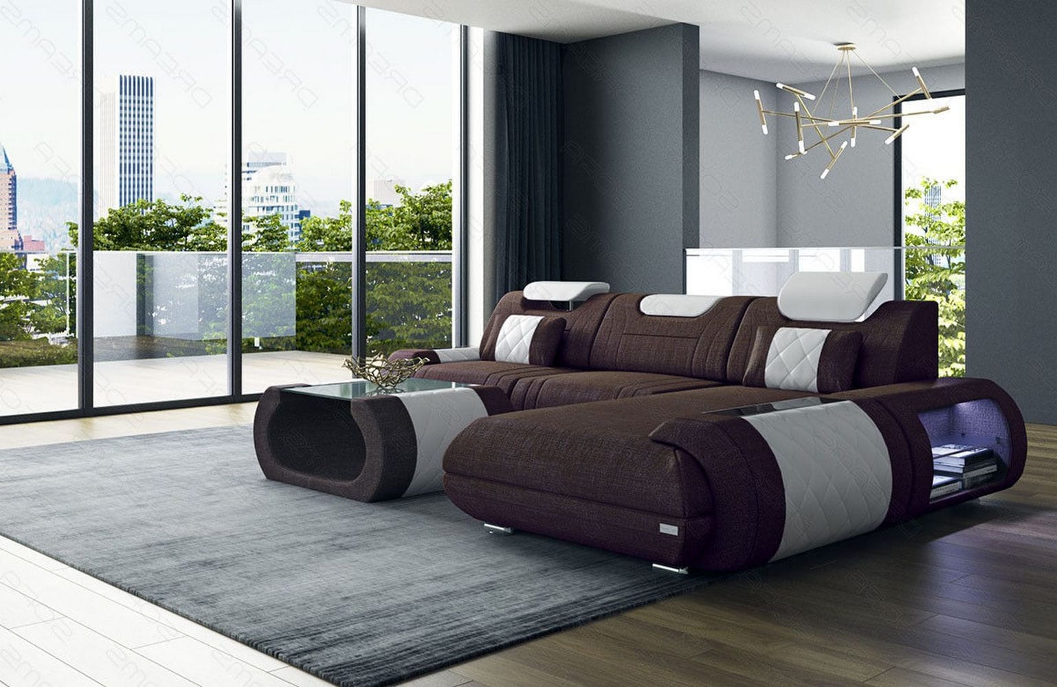 Stoffsofa Rimini L-Form – Modern und Bequem Graubraun-Weiß
