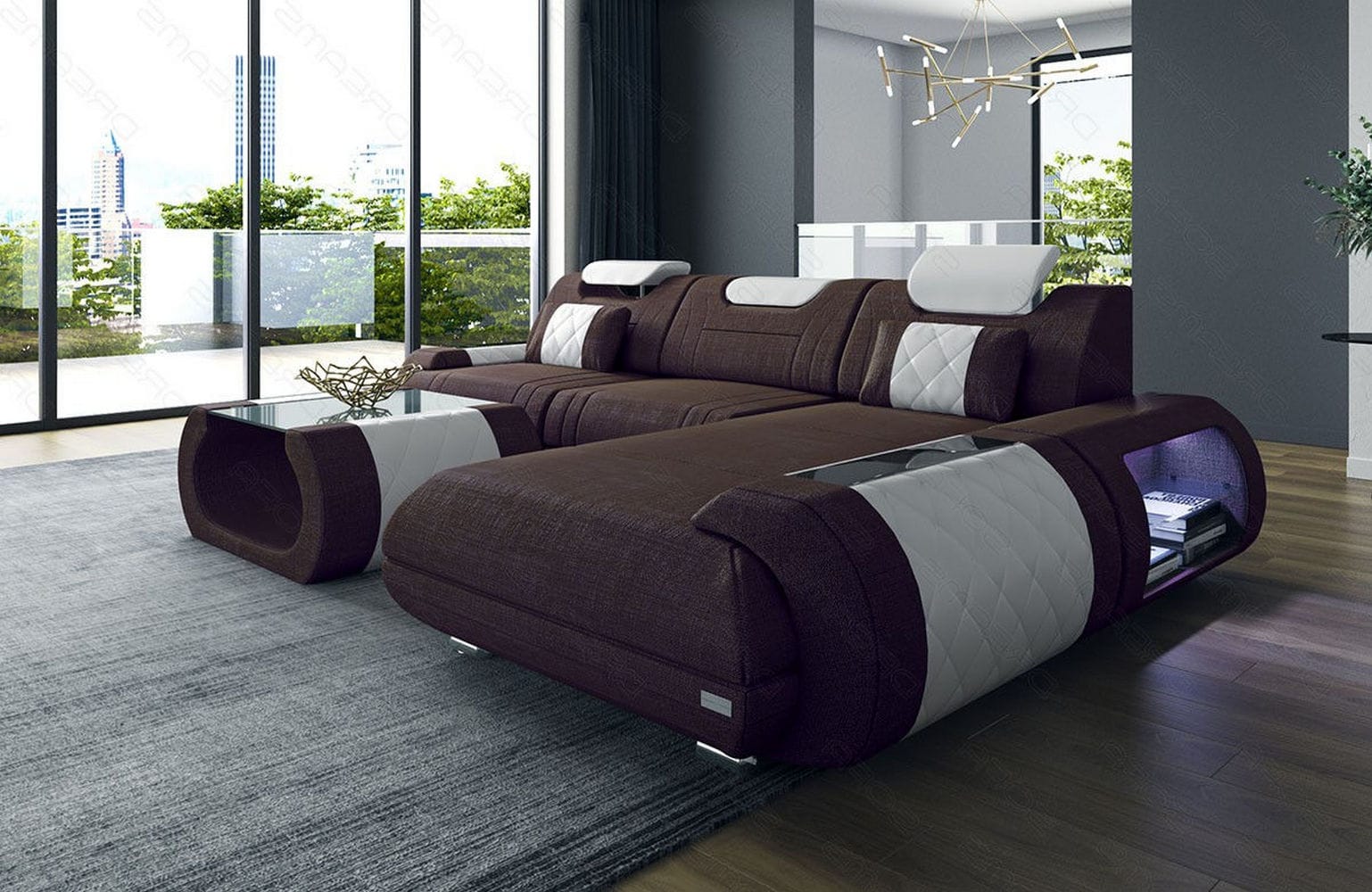 Stoffsofa Rimini L-Form – Modern und Bequem Graubraun-Weiß