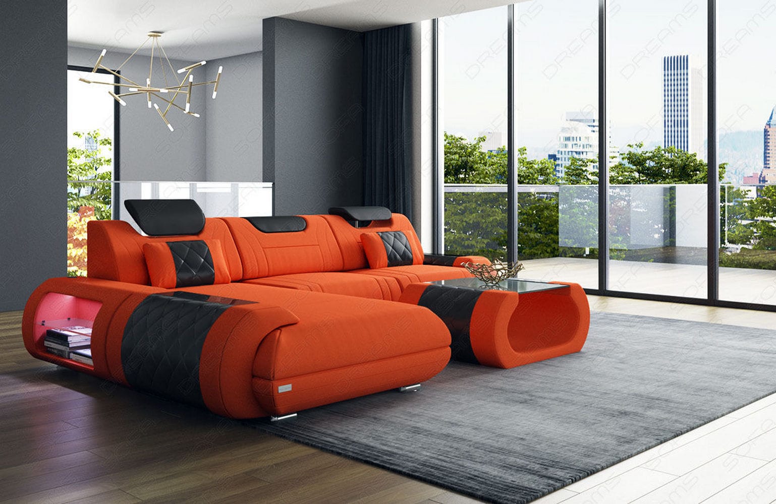 Stoffsofa Rimini L-Form – Modern und Bequem Orange-Schwarz