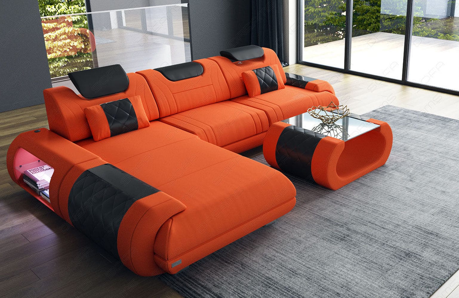Stoffsofa Rimini L-Form – Modern und Bequem Orange-Schwarz